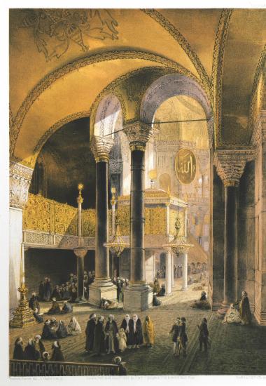 Άποψη της Αυτοκρατορικής (Σουλτανικής) εξέδρας στην Αγία Σοφία της Κωνσταντινούπολης. Η εξέδρα αυτή ήταν τοποθετημένη μεταξύ των κιόνων από την Έφεσο και το Μιχράμπ.