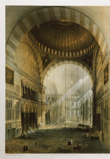 Άποψη του κεντρικού κλίτους της Αγίας Σοφίας στην Κωνσταντινούπολη και ύστερα από την αναστήλωση του μνημείου από του αδελφούς Φοσάτι στα 1847.