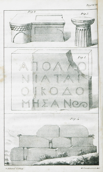 Εικ. 1: Επιγραφή από τη Λευκάδα. Εικ. 2: Λίθος σαν κάθισμα από τη λεγόμενη Σχολή του Ομήρου στην Ιθάκη (Άγιος Αθανάσιος). Εικ. 3: Κιονόκρανο που βρέθηκε κοντά στη Σκάλα στην Κεφαλονιά. Εικ. 4: Τμήμα τείχους από τα ερείπια του Αετού στην Ιθάκη.