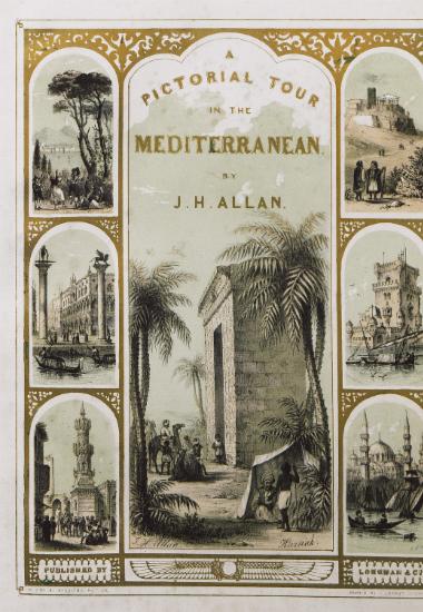 Σελίδα τίτλου με σκηνές από το ταξίδι του συγγραφέα στη Μεσόγειο.