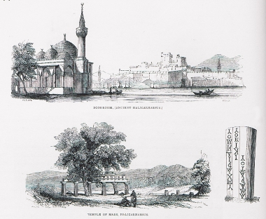 Εικ. 1. Άποψη της Αλικαρνασσού, σήμερα Μπόντρουμ. Στο βάθος διακρίνεται το Κάστρο της Αλικαρνασσού ή Κάστρο του Αγίου Πέτρου. Εικ. 2. Άποψη των ερειπίων του Ναού του Άρη στην Αλικαρνασσό, σήμερα Μπόντρουμ.