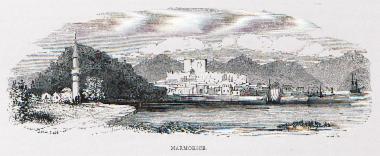 Άποψη της Μαρμαρίδας (αρχαίου Φύσκου και μετέπειτα Μαρμαρίτσι) στη Μικρά Ασία. Στο βάθος διακρίνεται το Κάστρο της πόλης που οικοδομήθηκε από τους Ιωαννίτες Ιππότες.