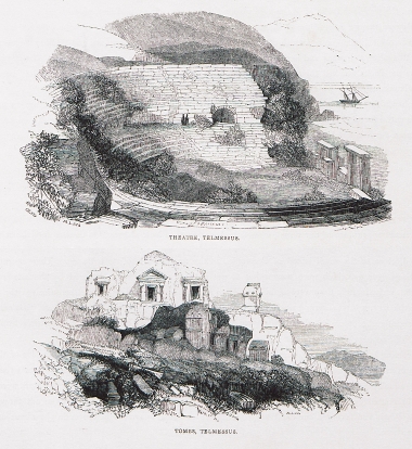 Εικ. 1. Άποψη του ελληνιστικού θεάτρου της Μάκρης, (αρχαίας Τελμησσού, σήμερα Φετχιγιέ), στη Μικρά Ασία. Εικ. 2. Λαξευτοί τάφοι και λυκιακές σαρκοφάγοι στη Μάκρη, (αρχαία Τελμησσό, σήμερα Φετχιγιέ), στη Μικρά Ασία.