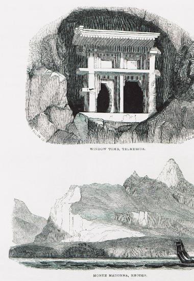 Εικ. 1. Λαξευτό μαυσωλείο στη Μάκρη, (αρχαία Τελμησσός, σήμερα Φετχιγιέ), στη Μικρά Ασία. Εικ. 2. Τοπίο στον κόλπο του Αγίου Παύλου στη Λίνδο.