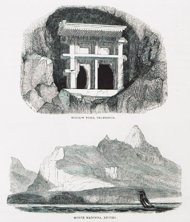 Εικ. 1. Λαξευτό μαυσωλείο στη Μάκρη, (αρχαία Τελμησσός, σήμερα Φετχιγιέ), στη Μικρά Ασία. Εικ. 2. Τοπίο στον κόλπο του Αγίου Παύλου στη Λίνδο.