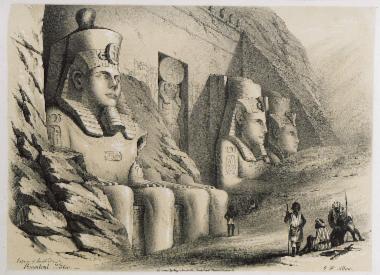Άποψη της πρόσοψης του Ναού του Ραμσή Β΄, γνωστού και ως μεγάλου ναού, στο Αμπου Σιμπέλ στην Αίγυπτο. Ο ναός αυτός ήταν αφιερωμένος στους θεούς Αμνούν, Ρε Χοράχτη και Πταχ.