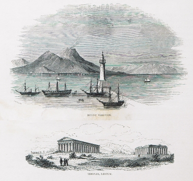 Εικ. 1. Άποψη του Βεζούβιου από το λιμάνι της Νάπολης. Εικ. 2. Άποψη του Ναού του Ποσειδώνα (δεξιά) και του Ναού της Ήρας (αριστερά) στην Ποσειδωνία, σήμερα Παέστουμ, στην Κάτω Ιταλία.