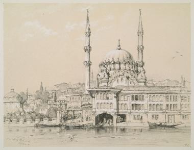 Η αποθήκη στρατιωτικού υλικού στην περιοχή Τοπχανέ της Κωνσταντινούπολης. Ακριβώς πίσω διακρίνεται το τέμενος Νουσρετίγιε που οικοδομήθηκε από τον Σουλτάνο Μαχμούντ Β΄.