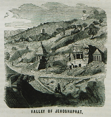 Άποψη της ανατολικής πλευράς της κοιλάδας των Κέδρων ή κοιλάδας του Ιωσαφάτ στα περίχωρα της Ιερουσαλήμ, με τους μνημειακούς τάφους που αποκαλούνται τάφοι του Αβεσσαλώμ και του Ιωσαφάτ, του Ζαχαρία και του Μπενέι Χεζίρ (Benei Hezir).