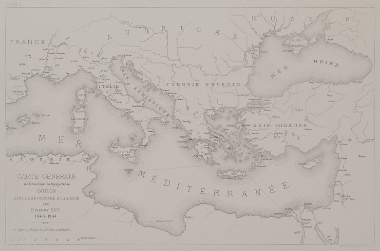 Χάρτης της Ιταλίας και της ανατολικής Μεσογείου όπου σημειώνεται η διαδρομή του συγγραφέα.