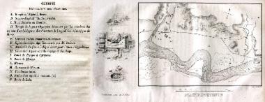 Χάρτης της Ολυμπίας και σχέδια των ερειπίων της αρχαίας Ολυμπίας.
