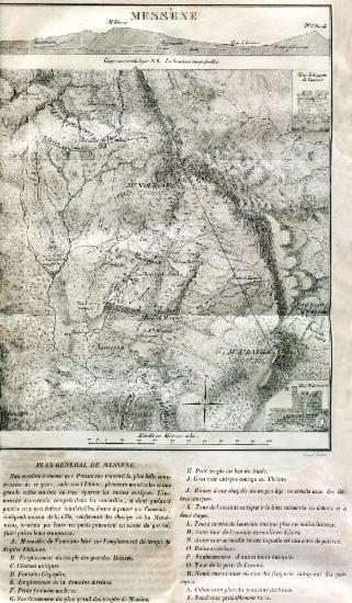 Τοπογραφικός χάρτης της αρχαίας Μεσσήνης. Στα ένθετα άποψεις πύργων από τα αρχαία τείχη της πόλης.