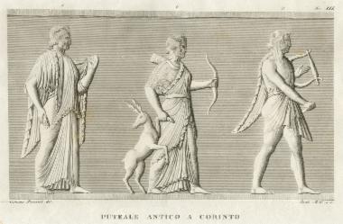Ανάγλυφο από περιστόμιο φρέατος (puteale) από την αρχαία Κόρινθο. Παριστάνονται η Άρτεμις και ο Απόλλωνας.