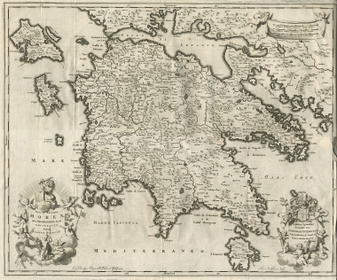Χάρτης της Πελοποννήσου με τα νησιά του Ιονίου και τμήμα της Στερεάς Ελλάδας.