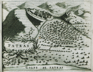 Άποψη της Πάτρας με αναφορά στην πολιορκία της πόλης από τους Βενετούς (1687).