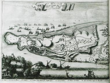 Άποψη της πόλης και του φρουρίου της Κορώνης, με αναφορά στην κατάκτηση της πόλης από τους Βενετούς κατά τη διάρκεια του ΣΤ΄ Βενετο-οθωμανικού πολέμου.