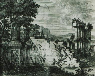 Μυθολογική σύνθεση που συνδέεται με την αρχαία Κόρινθο: ερείπια, αρχαιότητες, η Χίμαιρα και ο Βελλεροφόντης που ιππεύει στον Πήγασο.