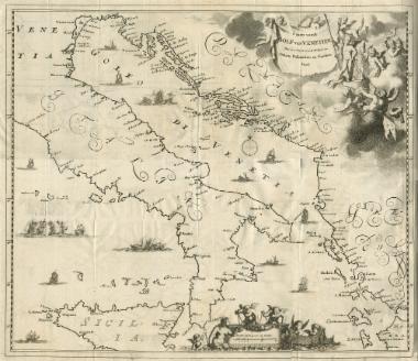 Χάρτης της Αδριατικής θάλασσας με τις ακτές της Ιταλίας, της Δαλματίας και της Ελλάδας και αναφορές στη νίκη της Βενετίας στον ΣΤ΄ Βενετο-οθωμανικό πόλεμο.
