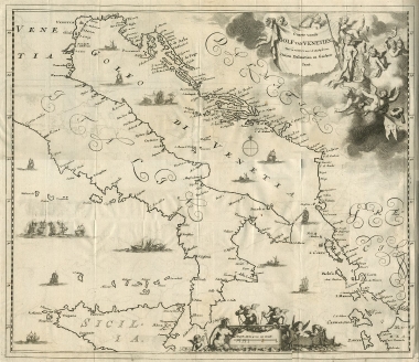 Χάρτης της Αδριατικής θάλασσας με τις ακτές της Ιταλίας, της Δαλματίας και της Ελλάδας και αναφορές στη νίκη της Βενετίας στον ΣΤ΄ Βενετο-οθωμανικό πόλεμο.