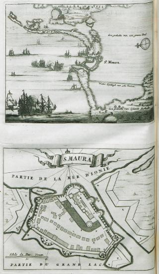 Χάρτης του πορθμού του Δρεπάνου με κάτοψη του κάστρου της Αγίας Μαύρας στη Λευκάδα. Κάτοψη του κάστρου της Αγίας Μαύρας.