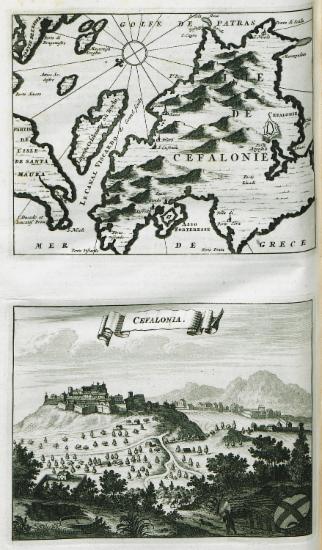 Χάρτης της Κεφαλονιάς. Άποψη του κάστρου του Αγίου Γεωργίου στην Κεφαλονιά.