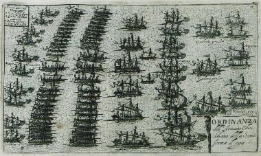 Η διάταξη της αρμάδας της Ιερής Ένωσης (Lega Santa) κατά τη Ναυμαχία της Ναυπάκτου (1571) ενάντια στους Οθωμανούς.