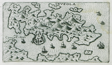 Χάρτης της Κόρτσουλα (η αρχαία Κόρκυρα Μέλαινα) ή Κούρτολα κατά τη βενετική διοίκηση, στην Κροατία.