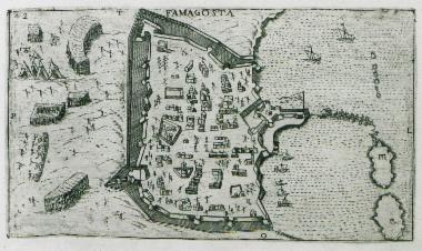 Άποψη της Αμμοχώστου (η αρχαία Σαλαμίνα) κατά την προετοιμασία της πόλης ενάντια στην επίθεση των Οθωμανών, το 1570.