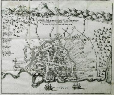 Άποψη του Χάνδακα, στα 1667-1668, κατά την πολιορκία του από τους Οθωμανούς. Ύστερα από είκοσι τέσσερα χρόνια πολιορκίας της πόλης (1645-1669), η Κρήτη θα περάσει τελικά από τους Ενετούς στους Οθωμανούς, το 1669.