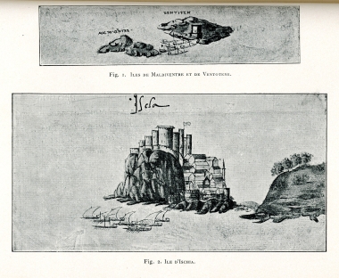 Εικ. 1. Άποψη των νησιών Αγίου Στεφάνου και Βεντοτένε (η αρχαία Πανδότειρα), στην Ιταλία. Εικ. 2. Άποψη της νήσου Ίσκια (οι αρχαίες Πιθηκούσαι), κοντά στη Νάπολη στην Ιταλία.