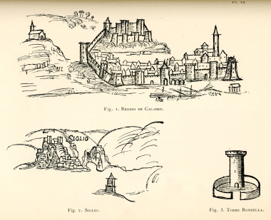 Εικ. 1. Άποψη του Ρέτζιο Καλάμπρια, το αρχαίο Ρήγιο, στην Ιταλία. Εικ. 2. Άποψη της Σκύλλα, πόλη στην Καλαβρία της Ιταλίας. Εικ. 3. Πύργος στην Καλαβρία.