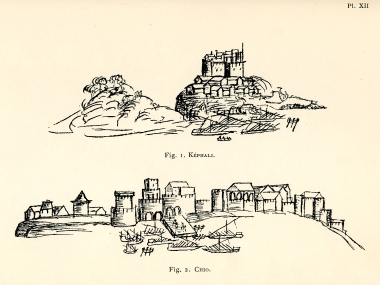Εικ. 1. Άποψη οχυρού σε νησιωτικό ακρωτήριο πιθανότατα κάπου ανάμεσα στη Μήλο και την Πάρο . Εικ. 2. Άποψη της πόλης της Χίου.