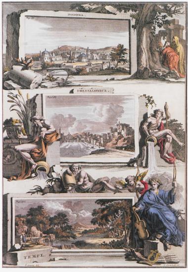 Άποψη της Δωδώνης, της Θεσσαλονίκης (φανταστικές απεικονίσεις) και της κοιλάδας των Τεμπών με πλαίσιο μυθολογικές παραστάσεις. Από την έκδοση: Jacobus Gronovius, Thesaurus Graecarum Antiquitatum, 1699.