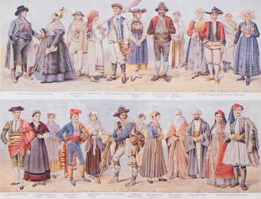 Εθνικές ενδυμασίες, κυρίως χωρικών και αγροτών από διάφορα μέρη της Ευρώπης. Ανάμεσά τους, Οθωμανή γυναίκα και ιερωμένος (ουλεμάς) από τη Θεσσαλονίκη. Από την εγκυκλοπαίδεια Meyers Konversations-Lexikon, Λειψία, τέλη του 19ου αιώνα.
