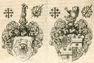 Θυρεοί του οίκου των Breuning von Buchenbach πλαισιωμένοι από εμβλήματα του Τάγματος του Παναγίου Τάφου της Ιερουσαλήμ.