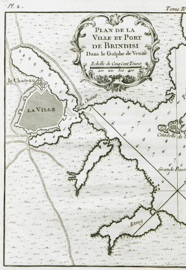 Χάρτης της πόλης και του λιμανιού του Μπρίντιζι, το αρχαίο Βρινδήσιον.