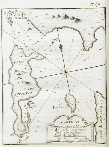 Χάρτης του αγκυροβολίου γύρω από τη Μεθώνη και τη Σαπιέντζα.