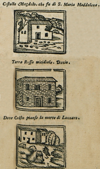 Ερείπια κάστρου στα περίχωρα της Βηθανίας, υποτιθέμενη οικία της Μαρίας Μαγδαληνής. Φρούριο στα περίχωρα της Βηθανίας, επονομαζόμενο «Κόκκινος πύργος» (Torre rossa), λογω των πολλών σφαγών που είχαν γίνει εκεί. Το σημείο στα περίχωρα της Βηθανίας όπου ο Ιησούς έκλαψε όταν έμαθε για τον θάνατο του Λάζαρου από τη Μαρία Μαγδαληνή.