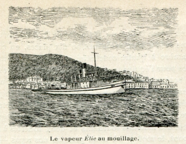 Το πλοίο “Élie” με το οποίο ταξίδεψε ο συγγραφέας, αγκυροβολημένο στο λιμάνι της Λέρου.