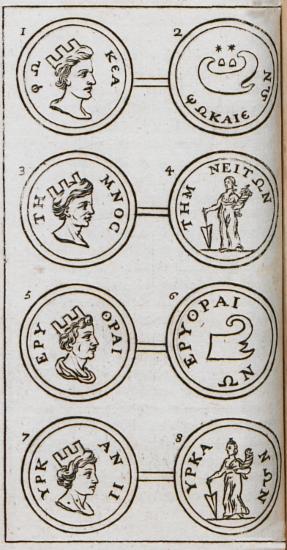 Αρχαία νομίσματα από τη Ζάκυνθο (1), την Άβυδο (2), τη Σμύρνη (3), τα Θυάτειρα (4), ρωμαϊκά νομίσματα του Κόμμοδου και του Καρακάλλα από την Πάτρα (5,6), νομίσματα από τους Δελφούς (7) και τη Σικυώνα (8).