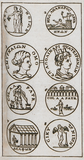 Αρχαία νομίσματα από τη Ζάκυνθο (1), την Άβυδο (2), τη Σμύρνη (3), τα Θυάτειρα (4), ρωμαϊκά νομίσματα του Κόμμοδου και του Καρακάλλα από την Πάτρα (5,6), νομίσματα από τους Δελφούς (7) και τη Σικυώνα (8).