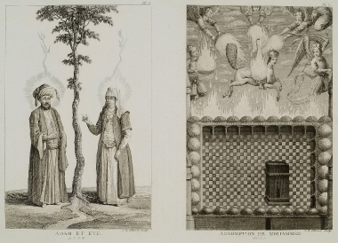 Ο Αδάμ και η Εύα κατά τη Μουσουλμανική παράδοση. Η ανάληψη του προφήτη Μωάμεθ, μαζί με σχέδιο του Τεμένους της Μέκκας (Μαστζίντ αλ-Χαράμ) και του ιερού βράχου (Κάαμπα).