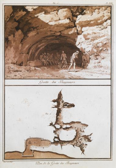 Η είσοδος του Σπηλαίου Σαν Καλόγκερο (ή θερμές πηγές του Σαν Καλόγκερο), στο ομώνυμο όρος κοντά στη Σκιάκα της Σικελίας. Κάτοψη του σπηλαίου.