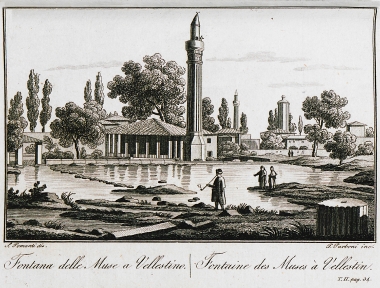 Μουσουλμανικό τέμενος στις ακτές της πηγής Κεφαλόβρυσο στο Βελεστίνο. Στο πρώτο επίπεδο (κάτω δεξιά), τμήμα κίονα πιθανότατα από το ναό του Θαυλίου Διός.