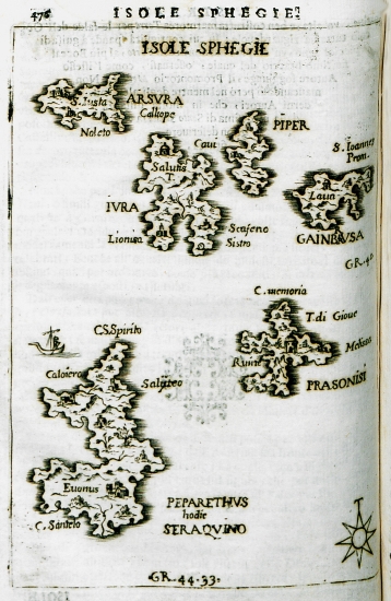 Χάρτης νησίδων στις Βόρειες Σποράδες: Σαρακηνό, Γιούρα, Ψαθούρα, Πιπέρι και Πρασσόνησο.