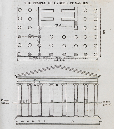 Η κάτοψη και η πρόσοψη του ναού της Αρτέμιδος στις Σάρδεις, στον οποίον πιθανότατα λατρεύονταν επίσης ο Δίας, η Κυβέλη και άλλες θεότητες.