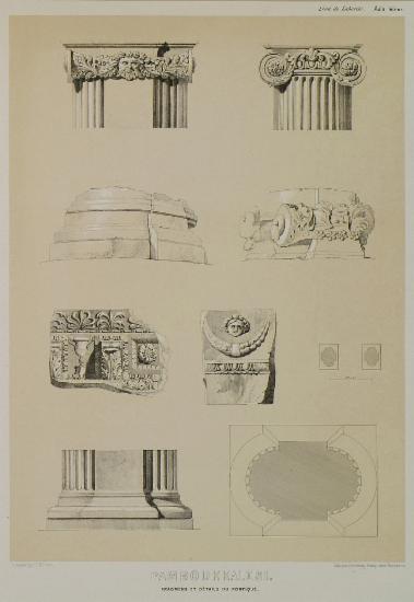 Σαρκοφάγοι και άλλα διάσπαρτα αρχιτεκτονικά στοιχεία από αρχαία μνημεία σε καταρράκτη στο Παμούκαλε.
