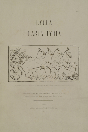 Σελίδα τίτλου. Στην ένθετη παράσταση, ανάγλυφο που πιθανότατα προέρχεται από λυκιακό τάφο της Ξάνθου στη Μικρά Ασία.