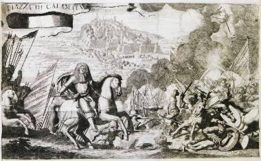 Άποψη της Καλαμάτας. Στο πρώτο επίπεδο η νίκη των Βενετών έναντι των Οθωμανών και η κατάληψη της πόλης.