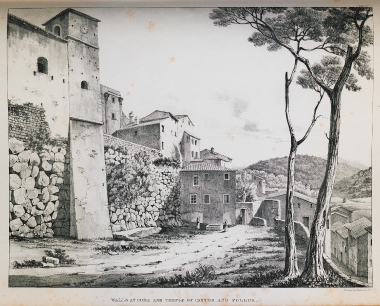 Άποψη των αρχαίων τειχών και των ερειπίων του Ναού των Διοσκούρων στην πόλη Κόρι της Ιταλίας.